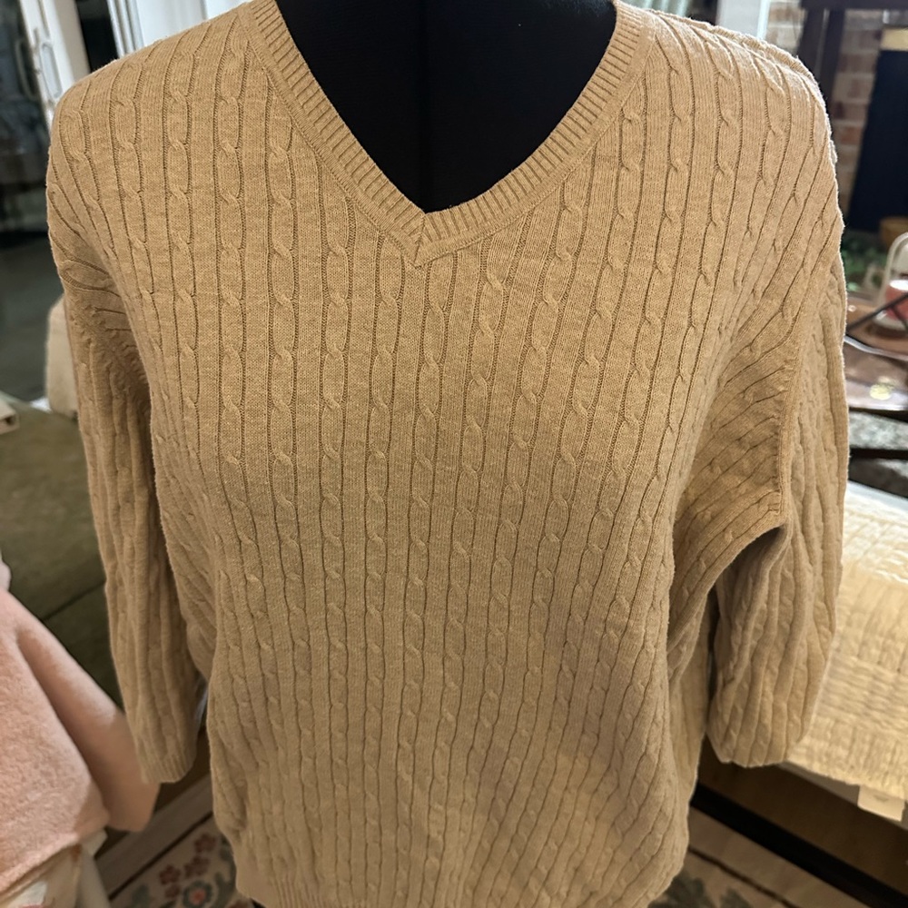 Kim Rogers Beige Cable Knit V-Neck Sweater